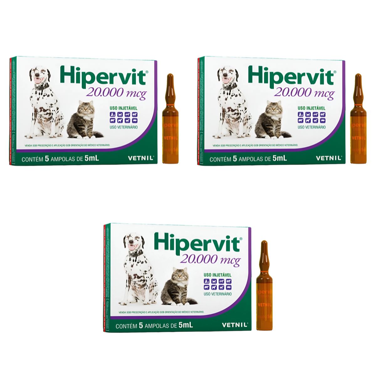 3 Cxs Hipervit 20000 Mcg Vitamina B12 Pra Animais 5 Ampolas