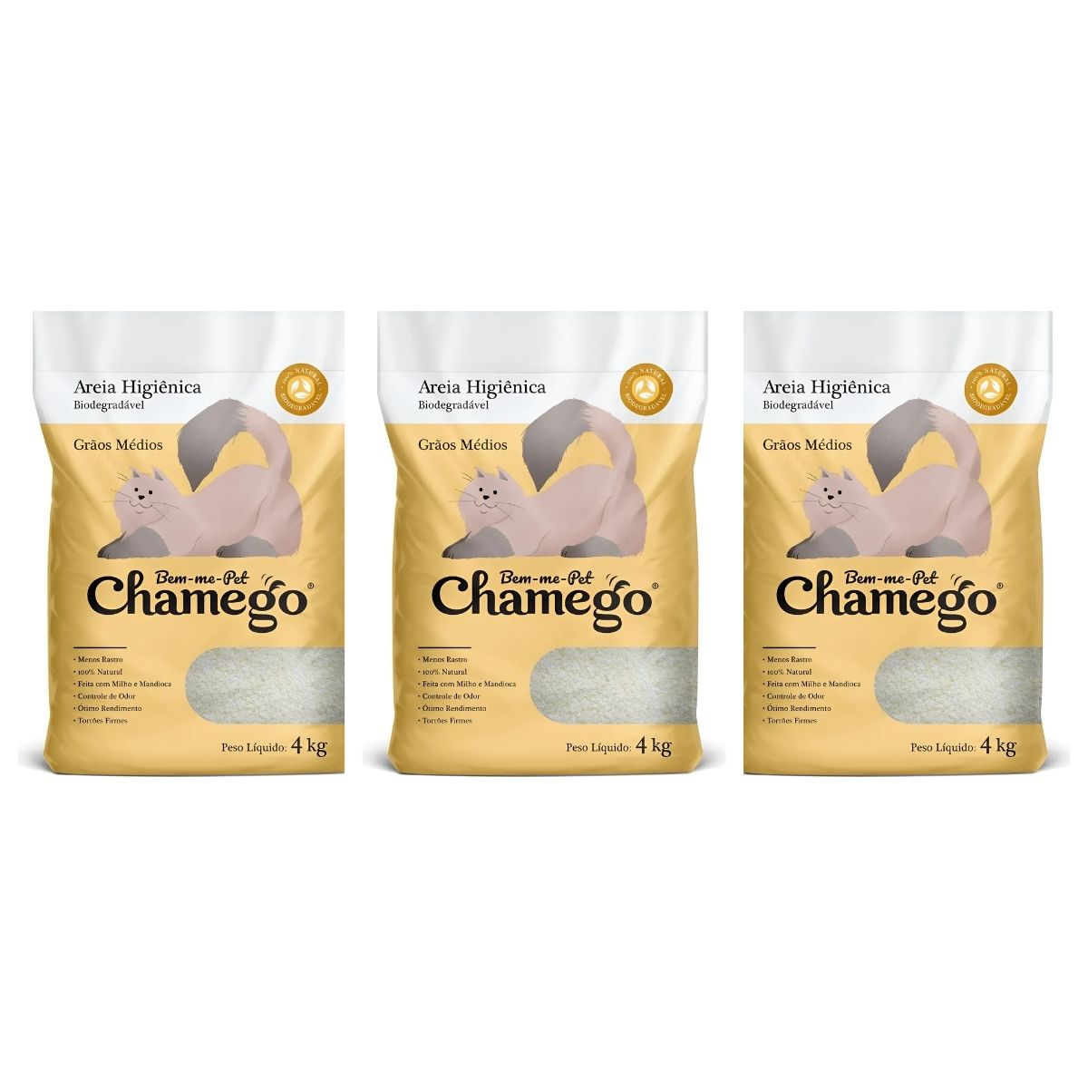Kit 3 Areia Higienica Chamego 4kg Graos Medios - Bem-me-Pet