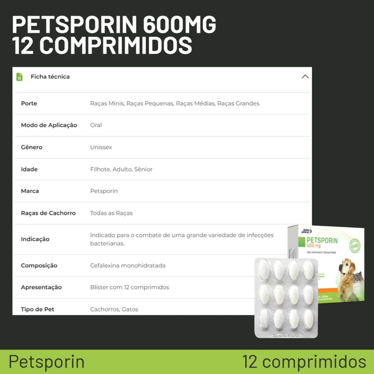 Petsporin 600mg 12 Comprimidos P/ Cão E Gato - Mundo Animal - Imagem 5