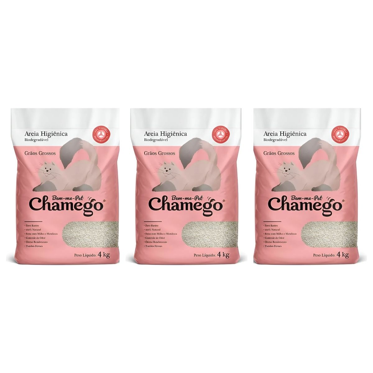 Kit 3 Areia Higienica Chamego 4kg Graos Grossos - Bem-Me-Pet